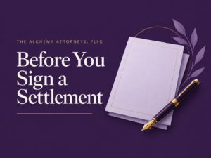 Before You Sign a Settlement illustration for The Alchemy Attorneys, PLLC
