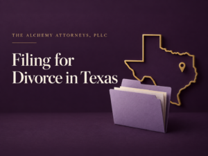 Texas outline and document folder illustrating divorce residency requirements