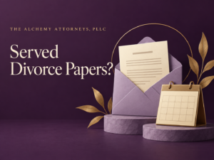 Envelope, court papers and calendar illustrating a response to divorce papers